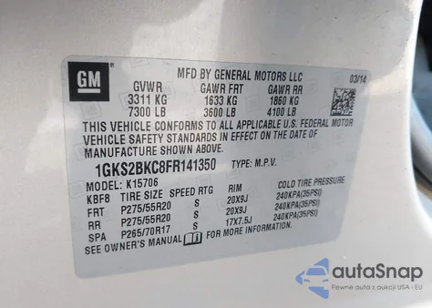 2015 GMC Yukon Slt из США, поврежденный, VIN 1GKS2BKC8FR141350